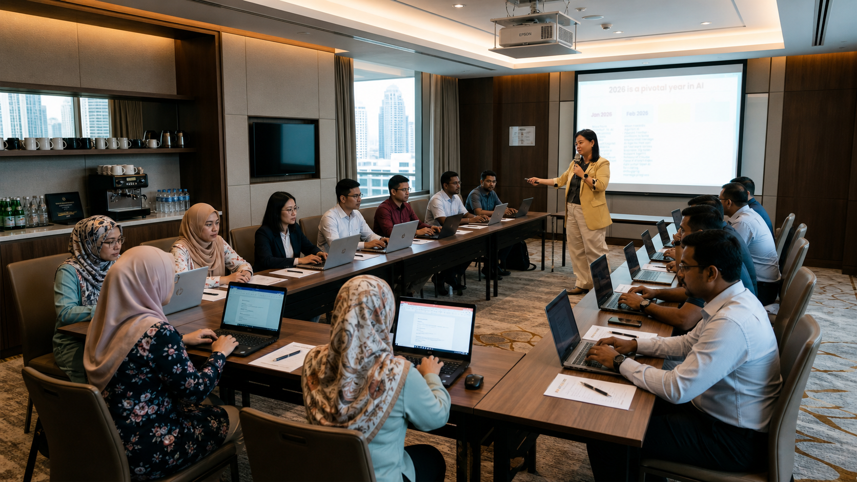 Angeline Choo standing as trainer in an AI productivity workshop room